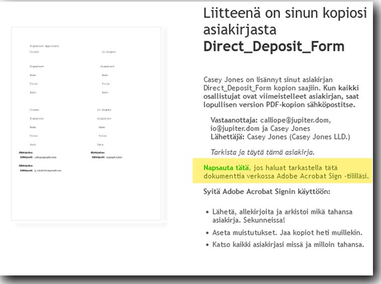 Kopion saavan osapuolen esimerkkisähköposti, jossa on korostettuna linkit sopimuksen tarkasteluun. 