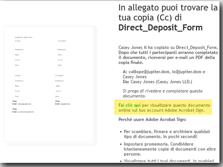 E-mail di esempio per una parte in Cc, in cui si evidenziano i collegamenti per visualizzare l’accordo.