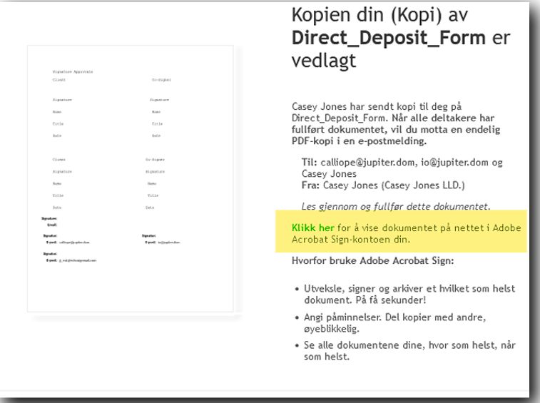 Et eksempel på e-post til en kopimottaker som uthever koblingene for å vise avtalen.