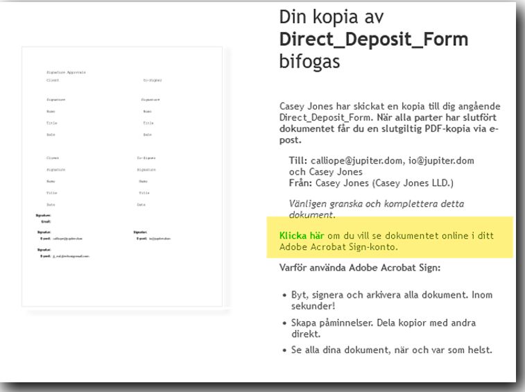 Ett exempel på ett e-postmeddelande till en kopiemottagare som markerar länkarna för att visa avtalet.