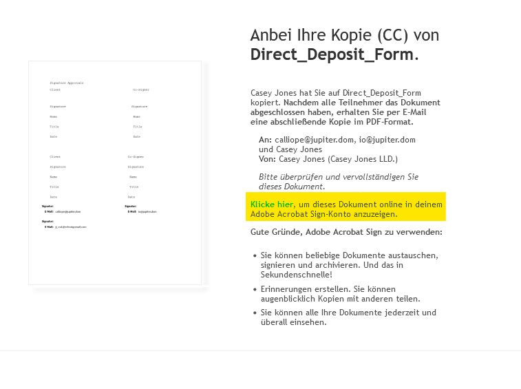 Beispielhafte E-Mail an eine CC-Partei mit hervorgehobenen Links zum Aufrufen der Vereinbarung.