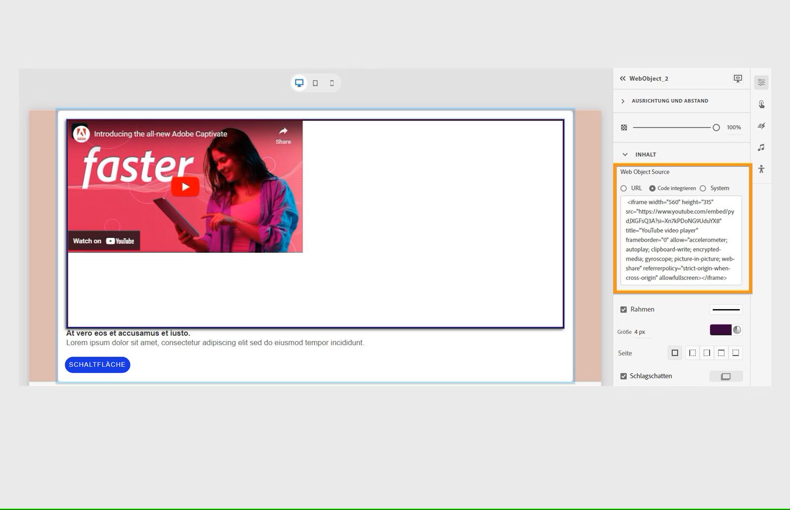 Einbetten von Code aus YouTube