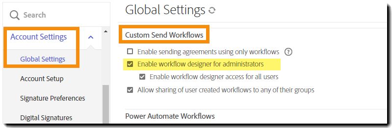 Configuration des workflows à afficher pour le compte