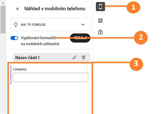Prostředí pro vytváření zobrazující rozbalený postranní panel Mobile Focus