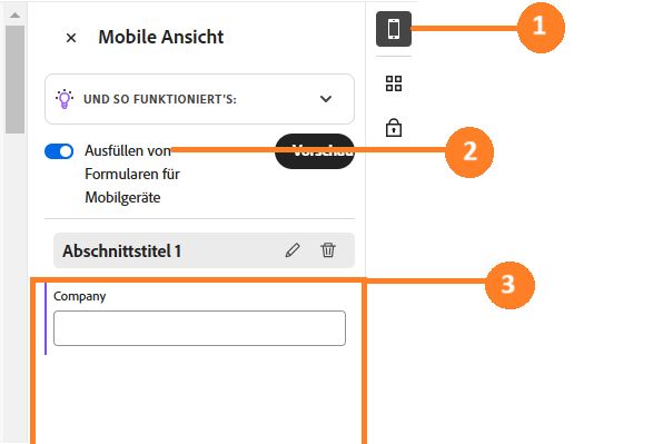 Authoring-Umgebung mit erweitertem Seitenfenster mit Fokus für Mobilgeräte