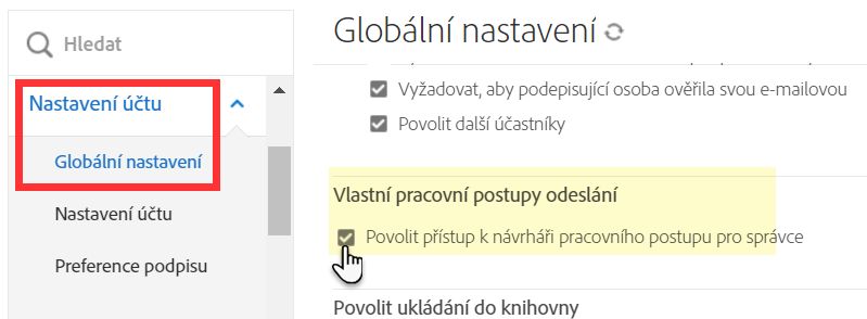 Konfigurace pracovních postupů dostupných pro váš účet