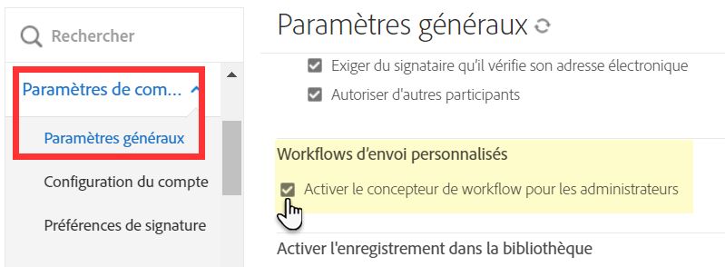Configuration des workflows à afficher pour le compte