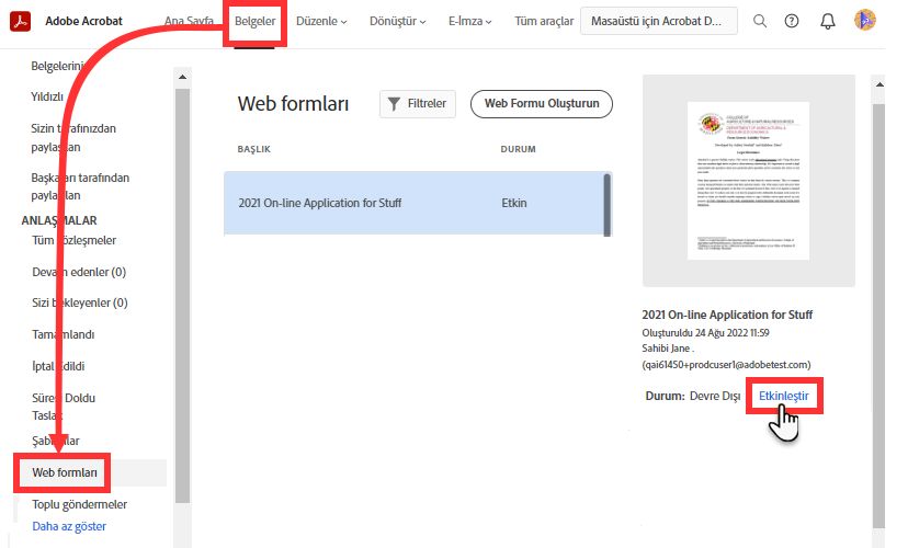 Web Formunu Yeniden Etkinleştirme