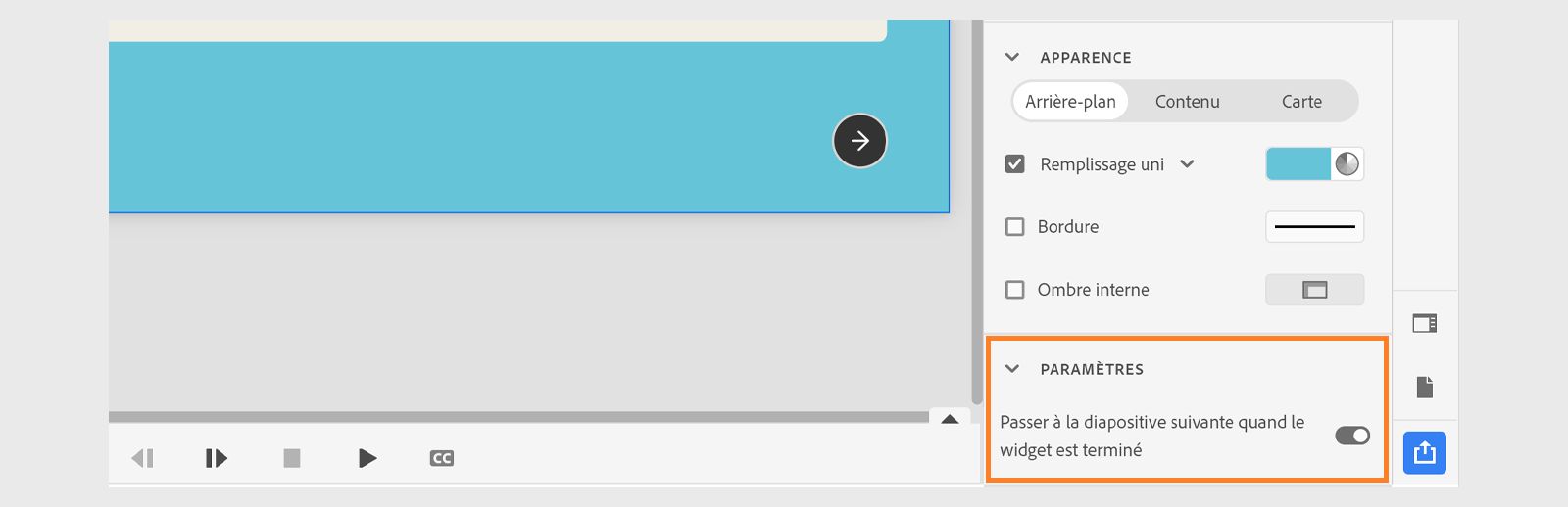 Bouton bascule pour passer à la diapositive suivante une fois l’accordéon terminé