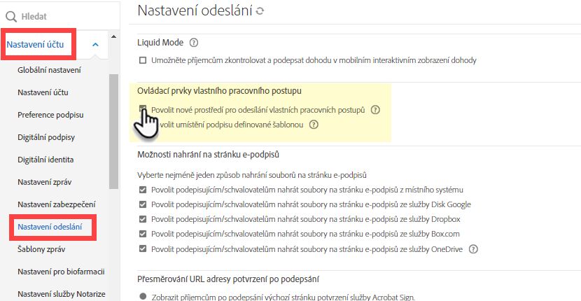 Nastavení pro aktivaci nového prostředí pracovních postupů