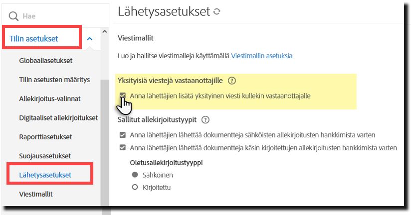 Yksityisviestien käyttöönotto