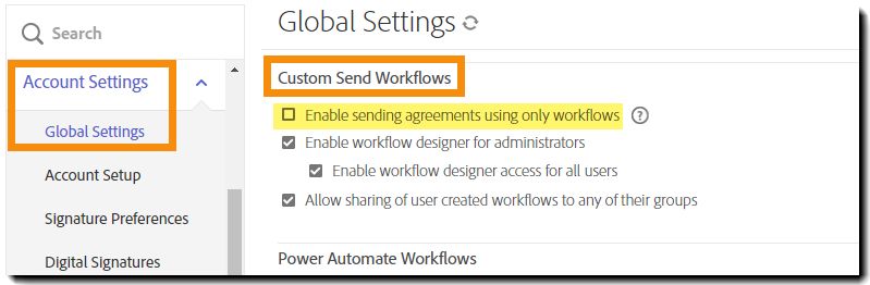 Configuration des workflows comme seule méthode d’envoi d’accords