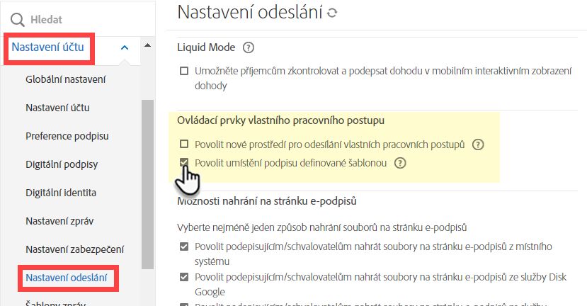 Nastavení pracovních postupů pro využívání umístění podpisu definovaného šablonou