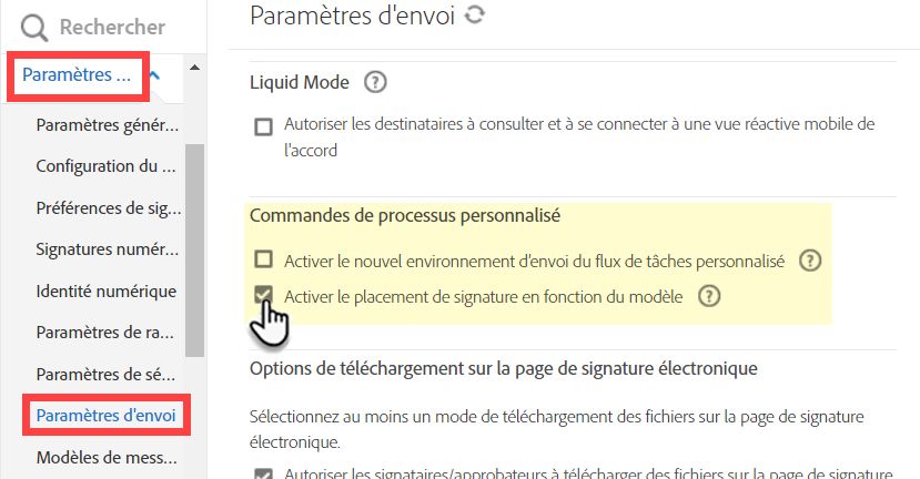 Configuration des workflows pour utiliser le placement de signature en fonction du modèle