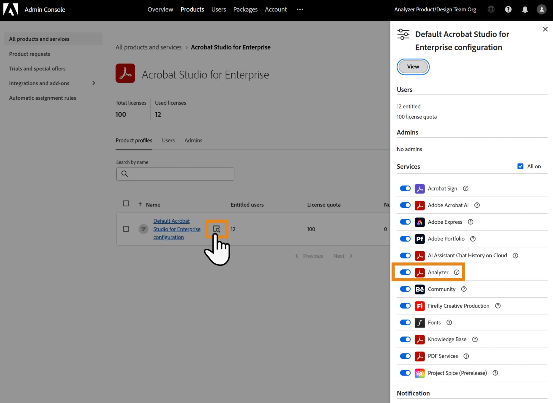 Adobe Admin Console, jossa näkyy Acrobat Studio suuryrityksille -tuoteprofiilin tiedot ja Analyzer-palvelu käyttöön otettuna konfiguraatiopaneelissa.