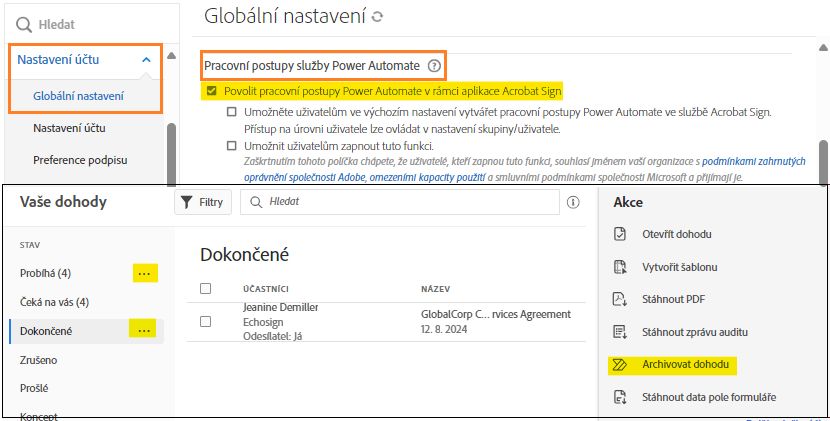 Dva obrázky, na jednom jsou ovládací prvky Power Automate s povoleným prvním ovládacím prvkem, na druhém je stránka Správa se zvýrazněnými odkazy Power Automate.