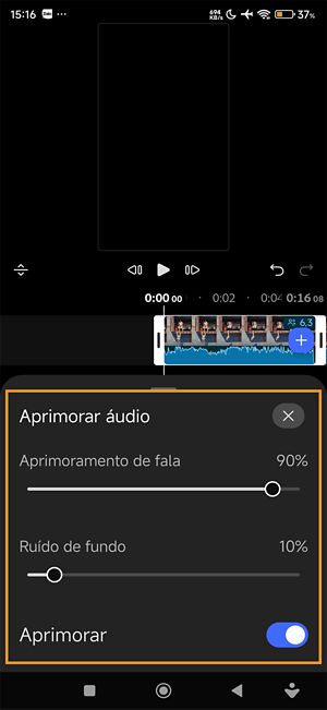 O painel Aprimorar áudio com controles deslizantes para Aprimoramento de áudio e Ruído de fundo e a opção Aprimorar ativada.