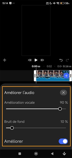 Panneau Améliorer l'audio avec les curseurs pour l'amélioration audio et le bruit d'arrière-plan, bouton Améliorer activé.