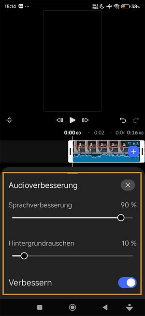 Das Bedienfeld „Audio verbessern“ mit Schiebereglern für „Audioverbesserung“ und „Hintergrundgeräusche“ sowie der aktivierten Umschalter „Verbessern“.
