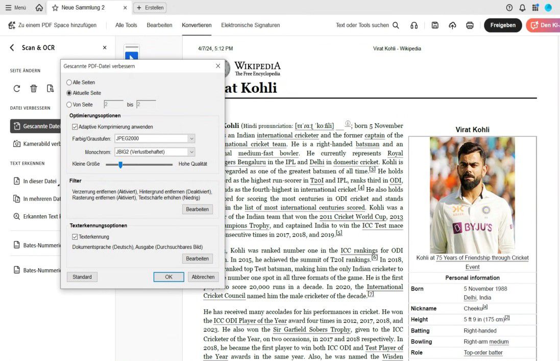 Dialogfeld „Gescannte PDF-Datei verbessern&quot; mit Optionen zur Anpassung des Seitenbereichs, der Komprimierung, der Filter und zur Aktivierung der Texterkennung.