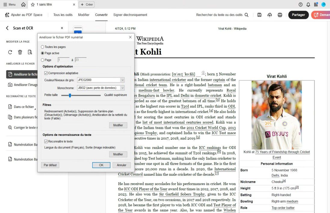 Boîte de dialogue Améliorer le PDF numérisé avec des options pour ajuster la plage de pages, la compression, les filtres et activer la reconnaissance de texte.