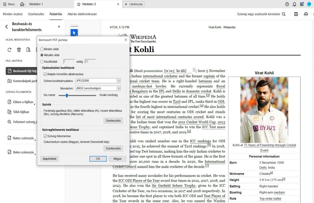 A Szkennelt PDF javítása párbeszédpanel az oldalterjedelem, tömörítés, szűrőbeállítás és a szövegfelismerés engedélyezésének lehetőségeivel.