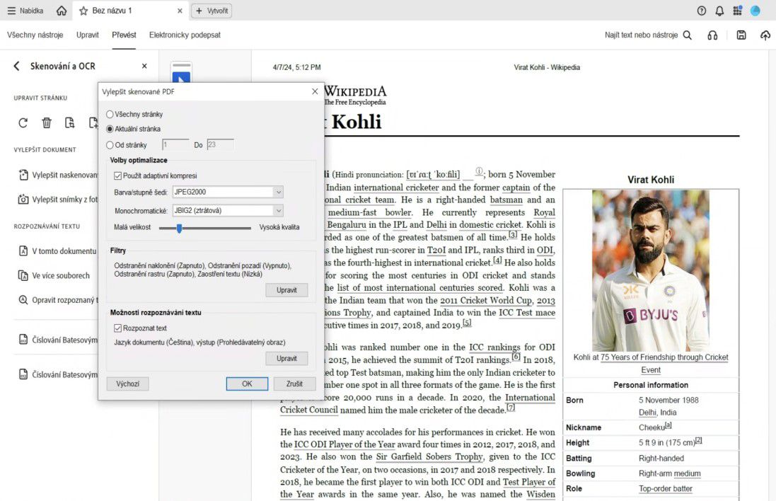 Dialogové okno Vylepšit naskenovaný soubor PDF s možnostmi úpravy rozsahu stránek, komprese, filtrů a povolení rozpoznávání textu.