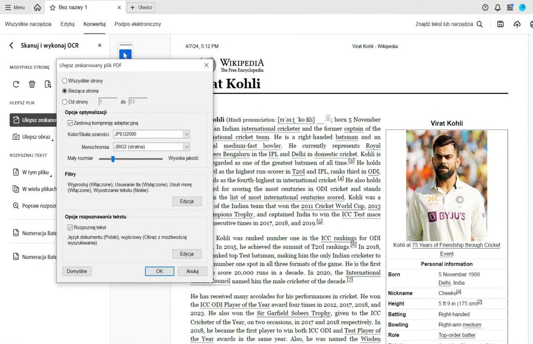 Okno dialogowe Ulepsz zeskanowany plik PDF z opcjami dostosowania zakresu stron, kompresji, filtrów i włączenia rozpoznawania tekstu.