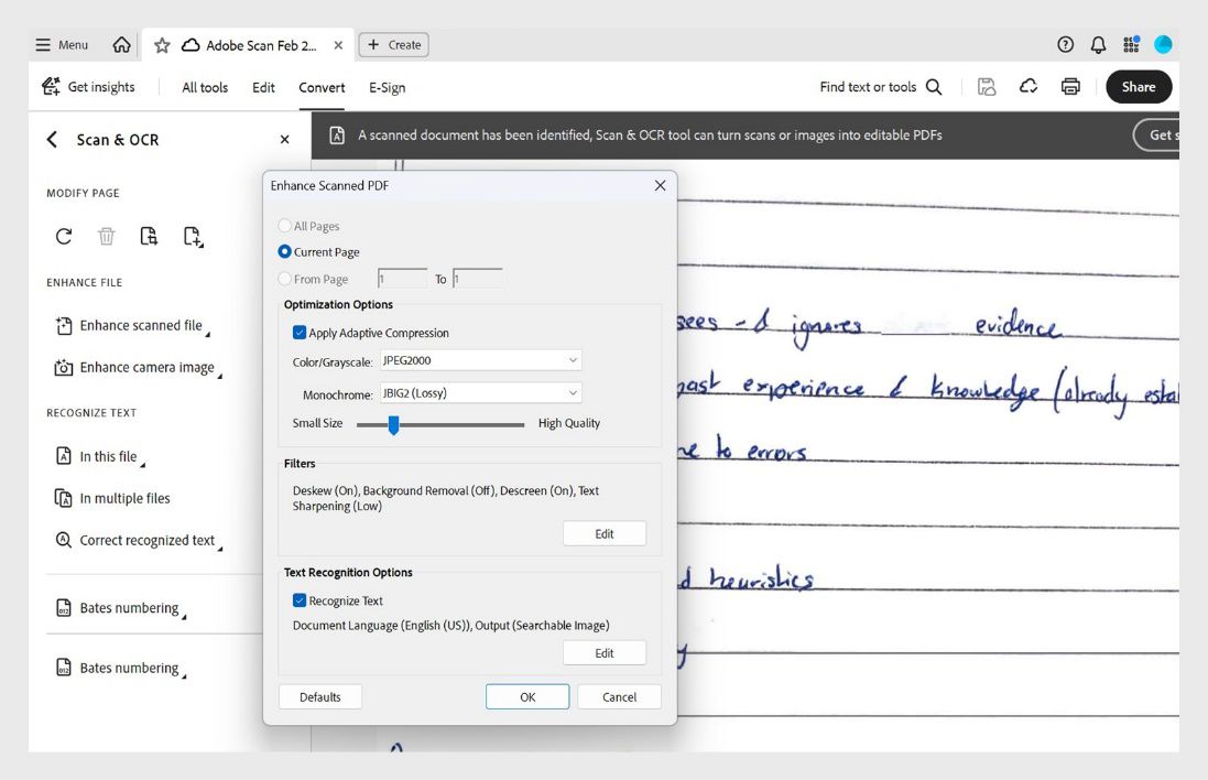 Enhance Scanned PDF dialog box na may mga opsyon para i-adjust ang saklaw ng pahina, compression, mga filter, at paganahin ang text recognition.