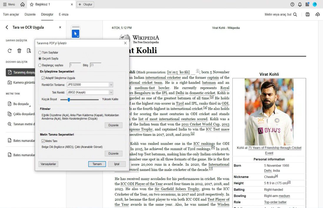 Sayfa aralığını, sıkıştırmayı, filtreleri ayarlama ve metin tanımayı etkinleştirme seçenekleriyle Taranmış PDF'yi İyileştir iletişim kutusu.