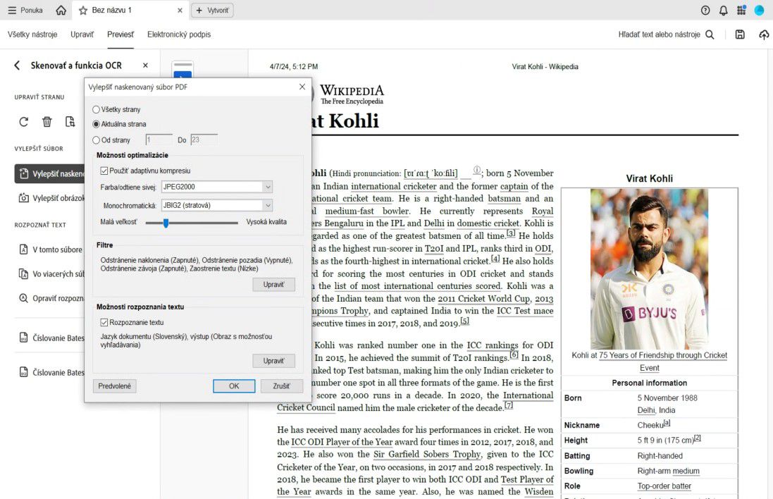 Dialógové okno Vylepšiť naskenovaný PDF s možnosťami úpravy rozsahu strán, kompresie, filtrov a povolenia rozpoznávania textu.