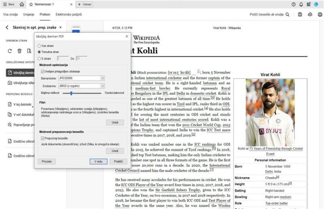 Pogovorno okno Izboljšaj optično prebrani PDF z možnostmi za prilagajanje obsega strani, stiskanja, filtrov in omogočanja prepoznavanja besedila.
