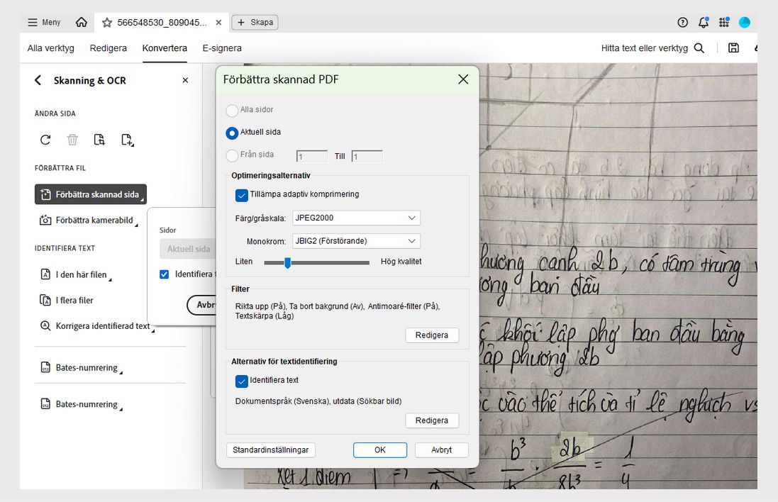 Dialogrutan Förbättra inskannad PDF med alternativ för att justera sidintervall, komprimering, filter och aktivera textigenkänning.
