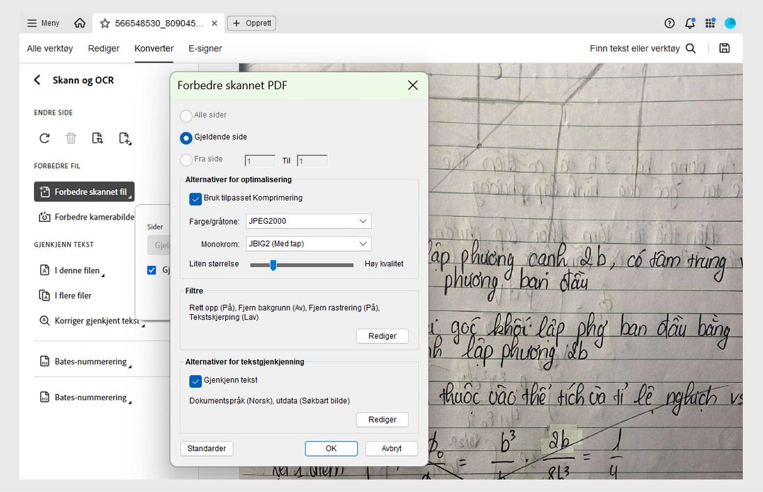Dialogboksen Forbedre skannet PDF med alternativer for å justere sideområde, komprimering, filtre og aktivere tekstgjenkjenning.