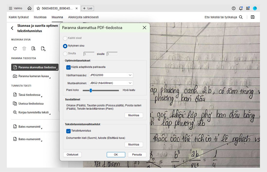 Paranna skannattua PDF-tiedostoa -valintaikkuna, jossa on vaihtoehtoja sivualueen säätämiseen, pakkaamiseen, suodattimiin ja tekstintunnistuksen käyttöönottoon.