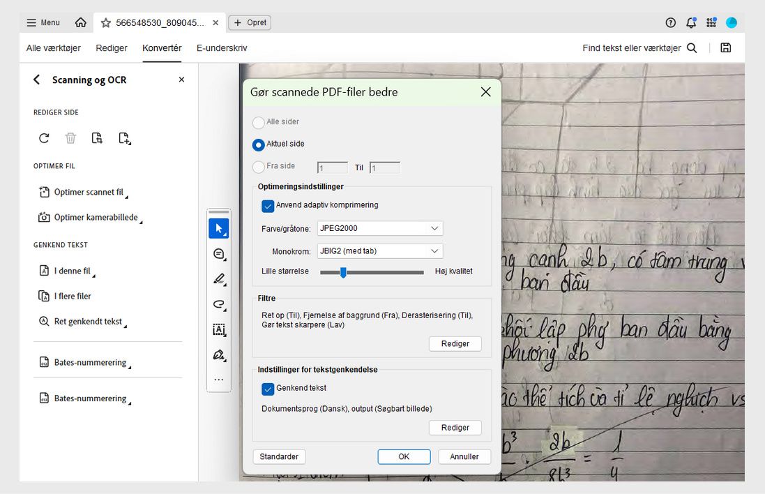 Dialogboksen Gør scannet PDF bedre med indstillinger til justering af sideområde, komprimering, filtre og aktivering af tekstgenkendelse.