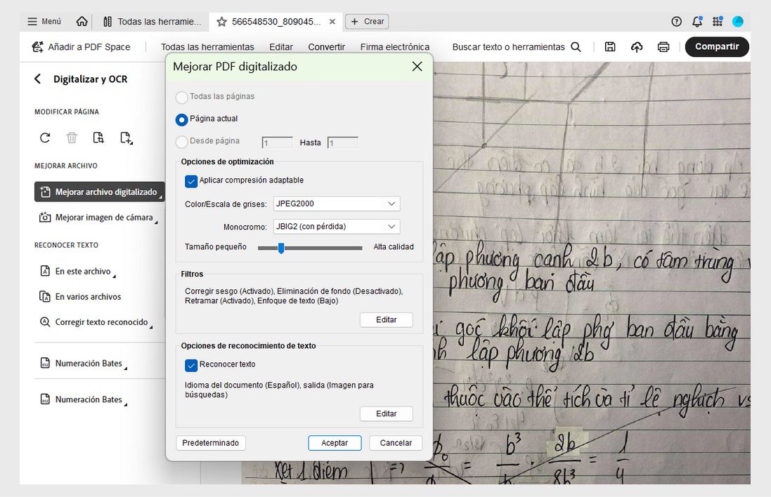 Cuadro de diálogo Mejorar PDF escaneado con opciones para ajustar el intervalo de páginas, la compresión, los filtros y habilitar el reconocimiento de texto.