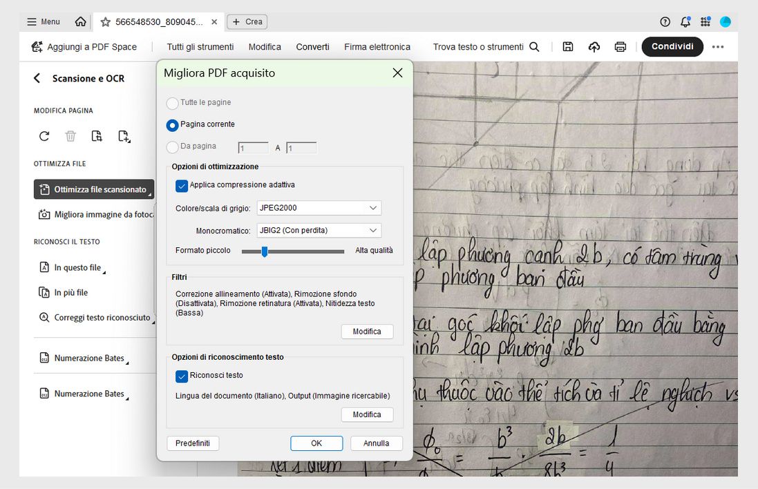 Finestra di dialogo Migliora PDF scansionato con opzioni per regolare l’intervallo di pagine, la compressione, i filtri e abilitare il riconoscimento del testo.