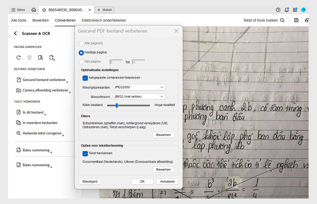 Verbeter het dialoogvenster Gescande PDF met opties om het paginabereik, de compressie en filters aan te passen en tekstherkenning in te schakelen.