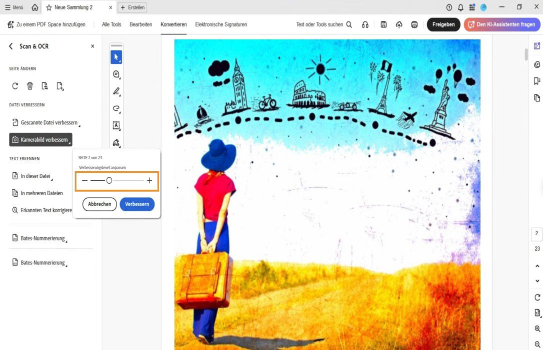 Option „Kameraaufnahme verbessern“ im Werkzeug „Scannen & OCR“ ausgewählt, mit einem Schieberegler zur Anpassung der Verbesserungsstufe vor dem Anwenden der Änderungen.