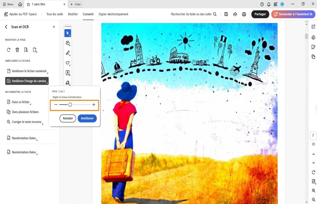 Option Améliorer l’image de caméra sélectionnée dans l’outil Scan et OCR, avec un curseur pour ajuster le niveau d’amélioration avant d’appliquer les modifications.