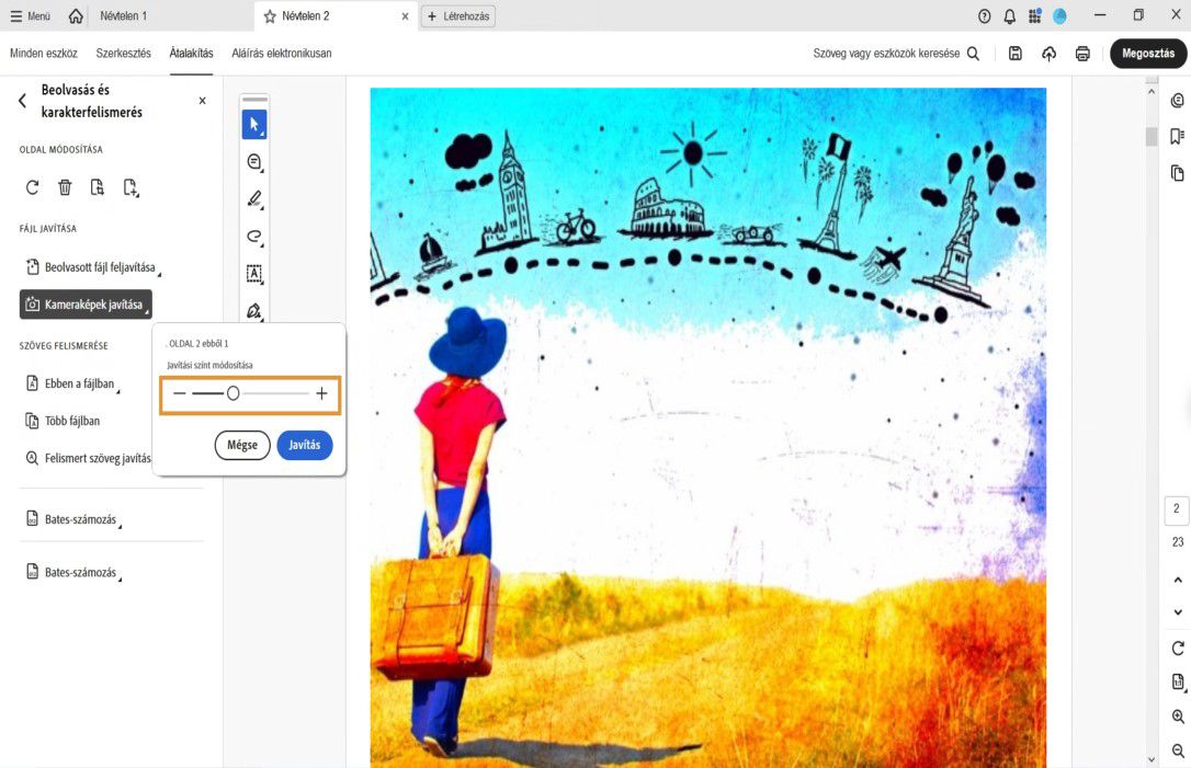 A Kamerafelvétel javítása opció ki van választva a Beolvasás és karakterfelismerés eszközben, egy csúszkával a javítási szint beállításához a változtatások alkalmazása előtt.