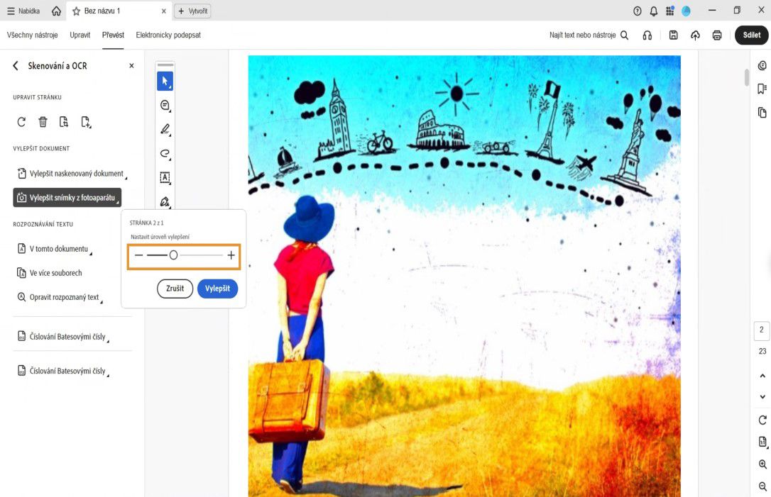V nástroji Skenování a OCR je vybrána možnost Vylepšit fotografii z fotoaparátu s posuvníkem pro úpravu úrovně vylepšení před aplikací změn.