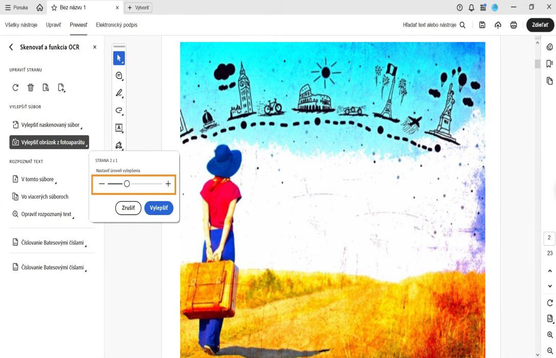 V nástroji Skenovanie a OCR je vybraná možnosť Vylepšiť fotografiu z fotoaparátu s posúvačom na úpravu úrovne vylepšenia pred aplikovaním zmien.
