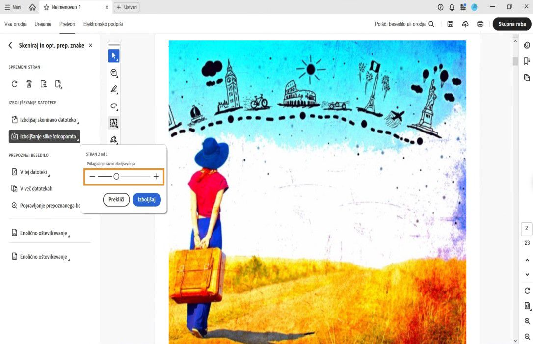 Možnost izboljšanja slike fotoaparata je izbrana v orodju za optično branje in optično prepoznavanje znakov, z drsnikom za prilagoditev ravni izboljšave pred uporabo sprememb.