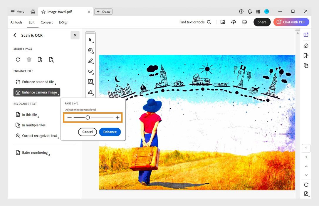 האפשרות Enhance camera image נבחרה בכלי Scan & OCR, עם מחוון להתאמת רמת השיפור לפני החלת השינויים.
