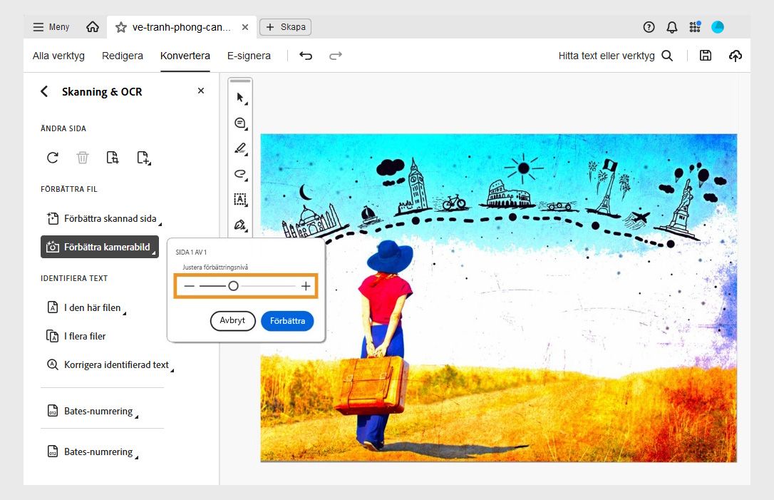 Alternativet Förbättra kamerabild valt i verktyget Skanna och optisk teckenläsning, med ett reglage för att justera förbättringsnivån innan ändringar tillämpas.