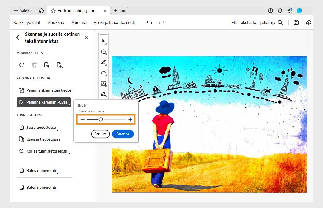 Paranna kamerakuvaa -vaihtoehto valittuna Skannaa ja suorita optinen tekstintunnistus -työkalussa, jossa on liukusäädin parannustason säätämiseen ennen muutosten käyttöönottoa.