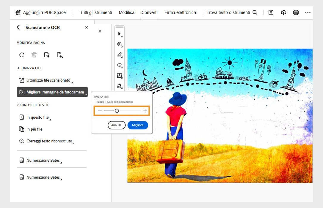 Opzione Migliora l’immagine della fotocamera selezionata nello strumento Scansione e OCR, con un cursore per regolare il livello di miglioramento prima di applicare le modifiche.