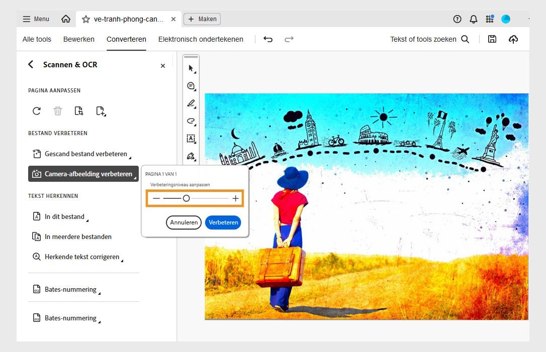 De optie Camerabeeld verbeteren is geselecteerd in de tool Scannen en OCR, met een schuifregelaar om het verbeteringsniveau aan te passen voordat de wijzigingen worden toegepast.